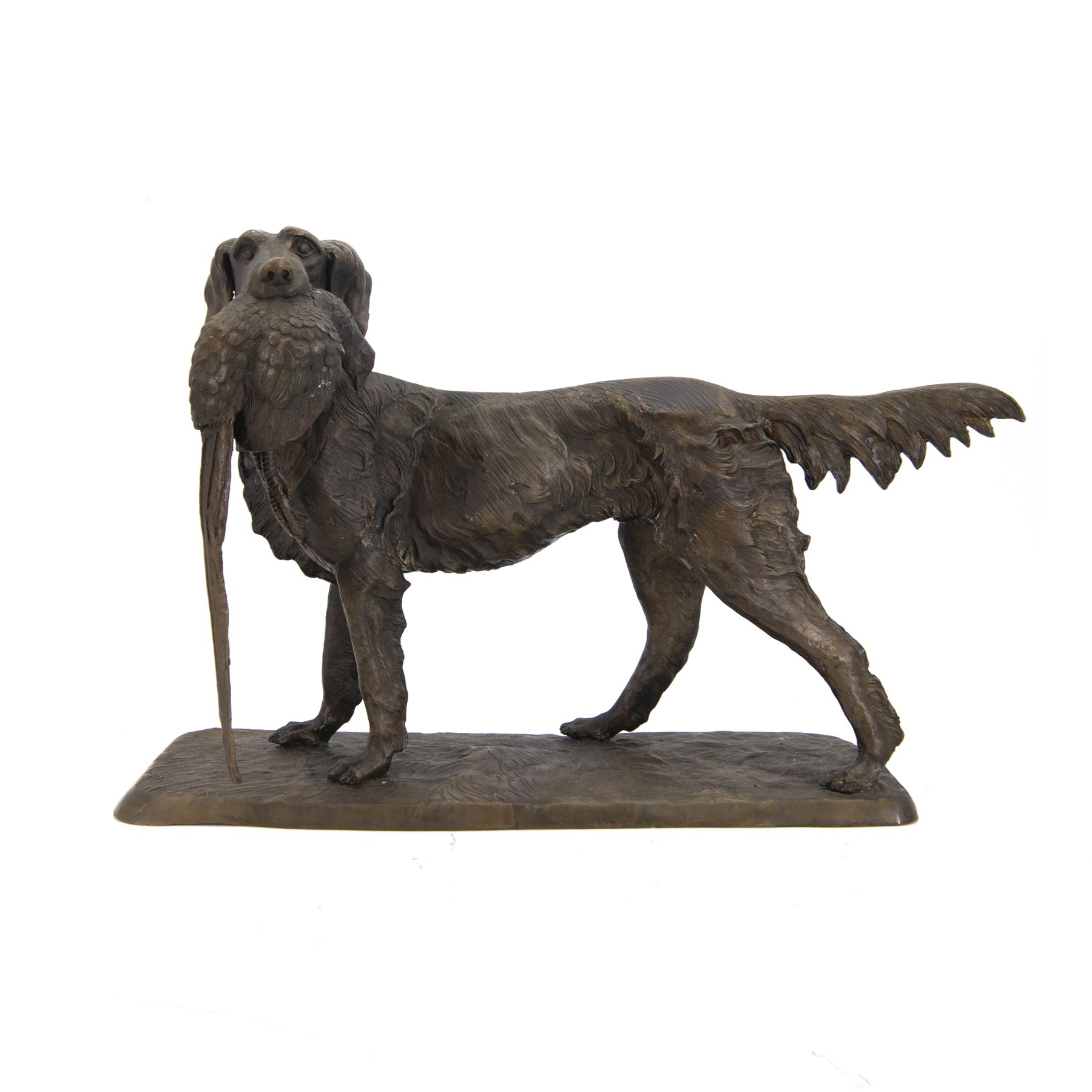 Bronze sculpture of a gundog retrieving a pheasant, finely cast with detailed coat and featherwork, mounted on a textured rectangular base