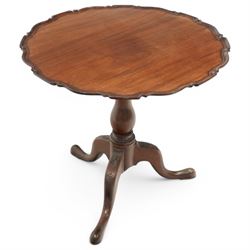 George III mahogany tripod table, moulded pie-crust tilt-top on turned baluster pedestal, ...