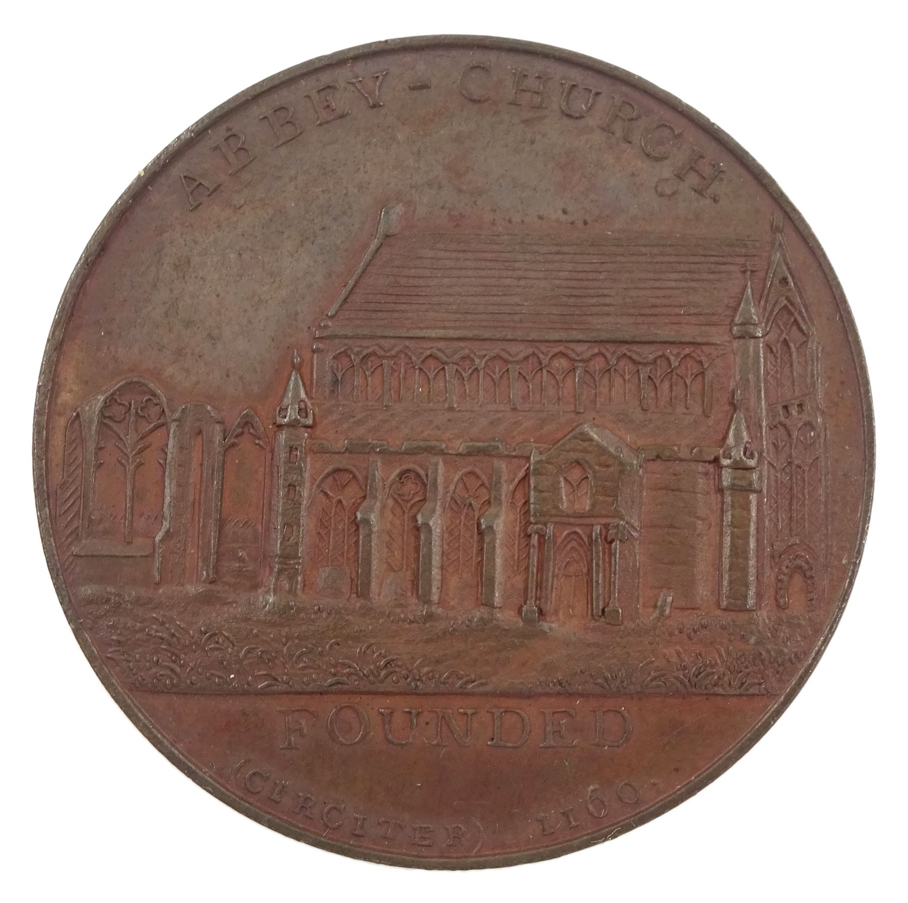 Scotland, Paisley Abbey Penny 1788, issued by James Wright, reading 'Abbey Church Founded (circiter)1160' and 'Interior of the Abbey Church as Repaired in its Original Stile A.D. 1788', approximately 21.7 grams