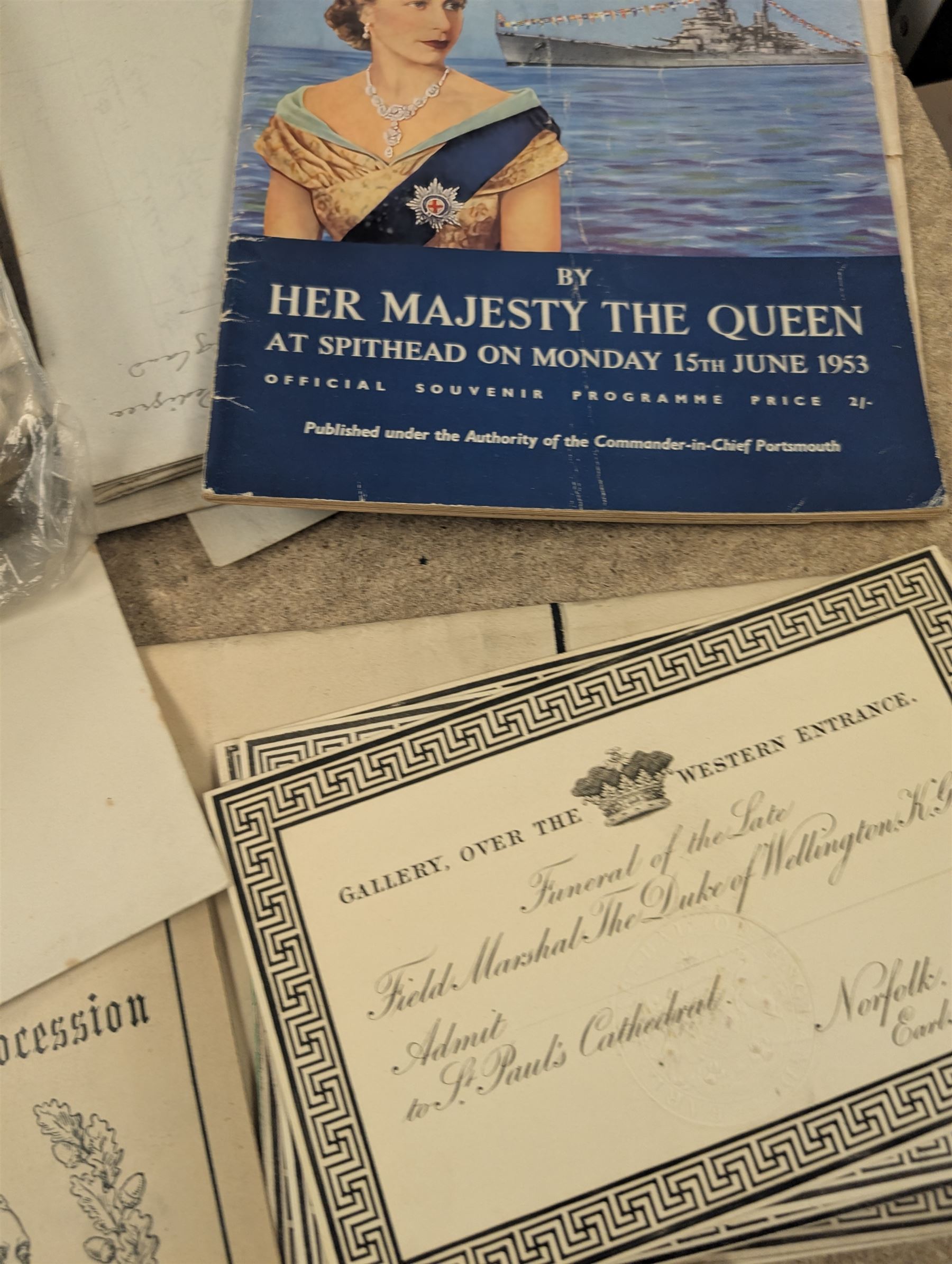 Collection of mostly Royal ephemera and commemorative memorabilia, including souvenir programmes, Royal Pedigrees, postcards, and newspaper reprints, etc, contained within a folder