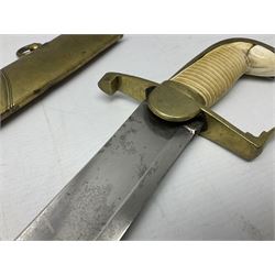 British pattern 1796 Light Cavalry Officer's sword, the 83.5cm curving steel blade marked 'W. Parker London' and 'Warranted' verso, brass stirrup hilt with half-round langets, knucklebow and backstrap with ribbed ivory grip; in brass mounted leather covered scabbard with two suspension rings L97cm overall. This item has been registered for sale under Section 10 of the APHA Ivory Act 