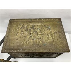 Pair of brass and iron fire dogs, together with brass coal box embossed to the lid with figures and a brass magazine rack, coal box H32cm