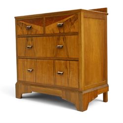 Art Deco figured and burr walnut chest, raised back over rectangular top, fitted with two short over two long drawers with decorative veneer and handles, on shaped bracket feet