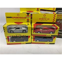 Seventeen Shell Sportscar Collection die-cast models including 1:24 scale Jaguar XJ220 by Maisto; and Bburago 1:20 scale die-cast model Mercedes Benz 500K Roadster (1936); all boxed (18)