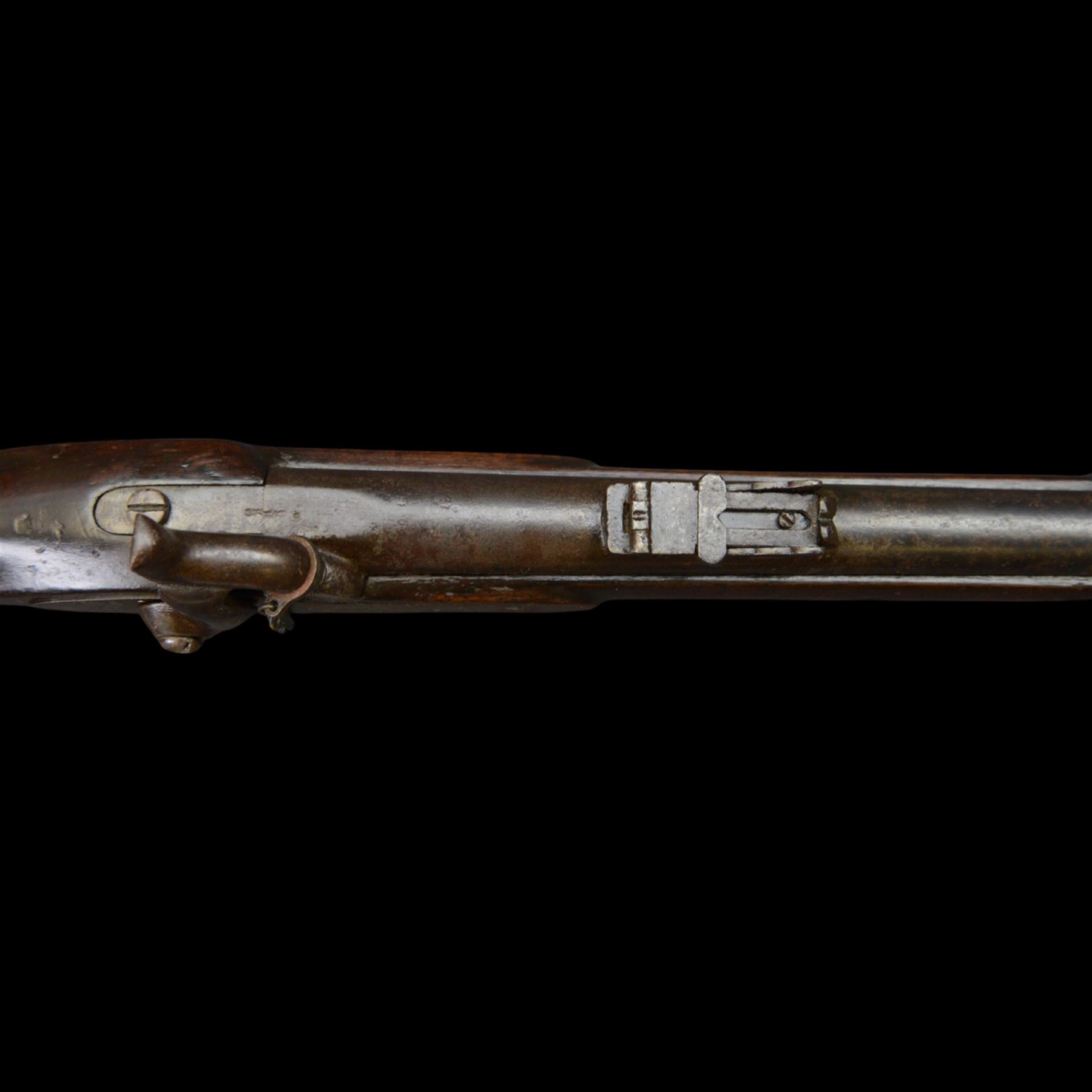 19th century Enfield percussion rifle, the 99cm barrel with three barrel bands, fore sight and rear sight, ramrod under, full walnut stock with brass butt, carrying sling brackets, action marked '1855 Tower' with Victoria cypher, overall L138cm