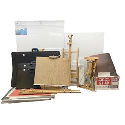 Large quantity of art supplies and equipment to include Crimson & Blake easel, tabletop easel, two large Winsor & Newton canvases and further smaller canvanses, sketchpads, paints etc