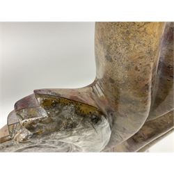 Goniatite sculpture, displaying two Goniatites within a polished and shaped matrix, age; Devonian period, H56cm