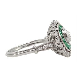 Platinum round diamond and calibre cut emerald target design ring, with diamond set shoulders