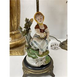 Green onyx and gilt metal table lamp decorated with puttos, together with gilt jardiniere stand and two other table lamps, stand H62cm