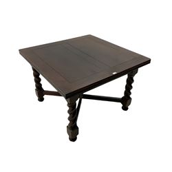 Early 20th century oak barley twist drawer leaf dining table, square top with two pull-out leaves, spiral turned supports joined by x-stretchers (107cm x 183cm, H75cm), and set four dining chairs, the cresting rails carved with star motifs with scrolls