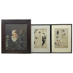 Pair of 19th century Japanese woodblock prints, and a Medici Society print after Frans Hals (3)