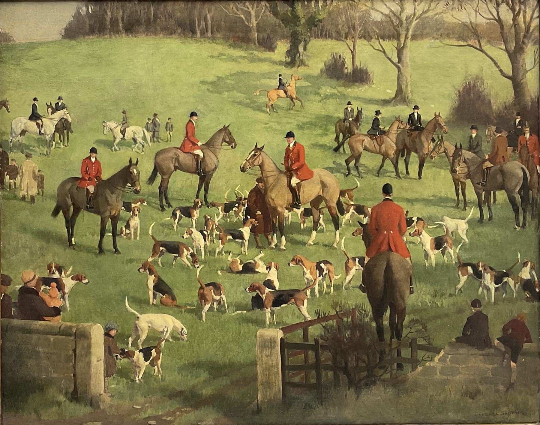 Eleanor Barbara Georgina Shiffner (British 1896-1982): The Meet, oil on canvas signed 60cm x 75cm
Notes: animal, landscape and portrait artist born at Rossington, Yorkshire. Studied Byam Shaw School and RA Schools