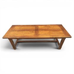 Country pine draw leaf table, bench seat and six chapel chairs, the top of plank construction, with two frieze drawers, additional leaves extending to 320cm, with bench seat and six elm chapel seats