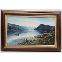 Dallas K Taylor (British 1941-2011): 'Lusterfjord', oil on canvas signed, titled and dated 1993 verso together with After Dawn Matthews (British contemporary): 'Druids Loch', limited edition screen print signed titled and numbered 85/150 max 44cm x 75cm (2)