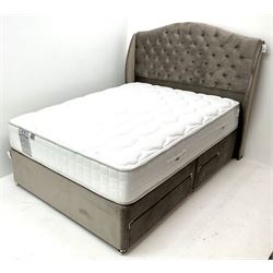 Sealy 4’6 double bed, deep buttoned upholstered headboard, two short and two long drawers with Sealy Genoa Geltex 1400 mattress