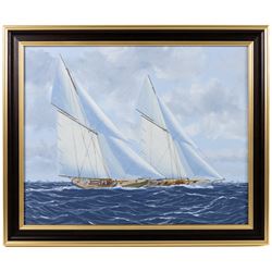George Drury (British 1950-): 'Shamrock IV and Resolute - Americas Cup 1914', oil on canvas board 38.5cm x 48.5cm