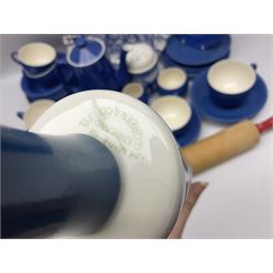 1930s Moorcroft blue glazed tea and breakfast wares, to include coffee pot, side plates, six teacups, bowls etc, together with T.G. Green Cornish ware rolling pin and flour sifter etc