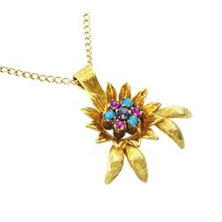 18ct gold ruby, sapphire and turquoise flower head pendant, set with single sapphire, surrounded by six alternate rubies and turquoise stones, on a 9ct gold fine curb link chain necklace, hallmarked