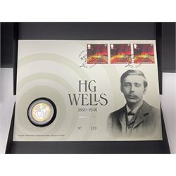 Five The Royal Mint Royal Mail silver proof coin covers, comprising 2021 'HG Wells' with two pounds, 2021 'HM The Queen's 95th Birthday' with five pounds, 2022 'Her Majesty The Queen's Platinum Jubilee 70 Years' with five pounds, 2022 'Her Majesty The Queen's Platinum Jubilee 70 Years' with fifty pence and 2022 '150 Years of The FA Cup' with two pounds, all in Royal Mail card boxes