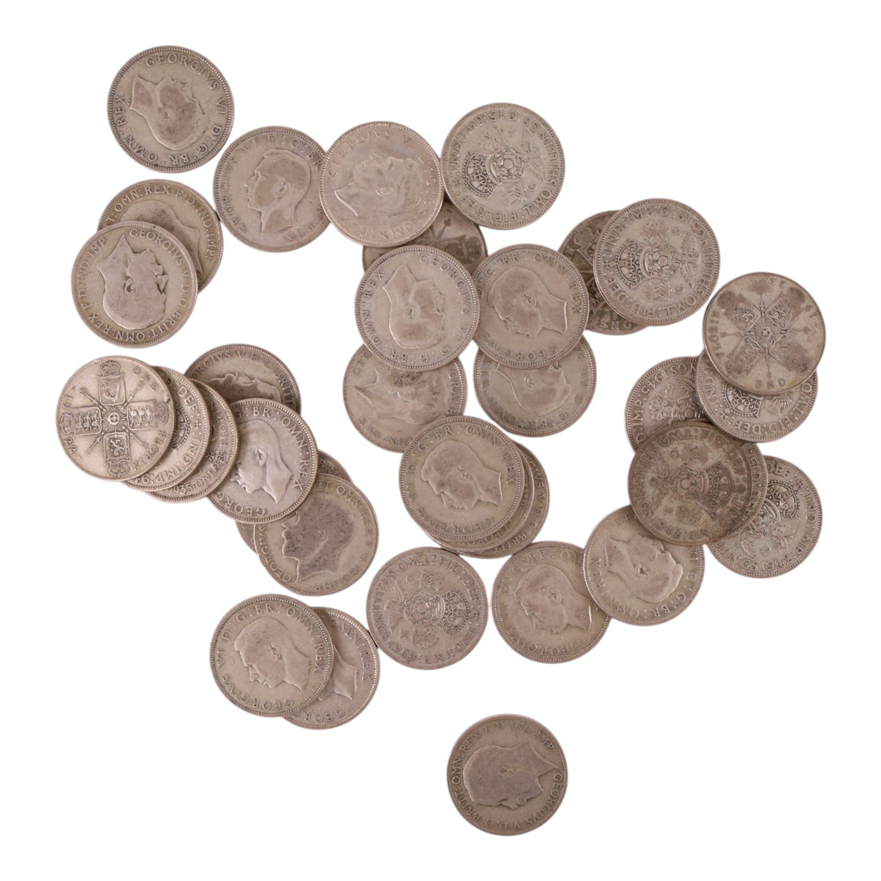Approximately thirty-seven Great British pre-1947 silver one florin or two shilling coins