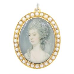 19th century 9ct gold seed pearl brooch/ pendant, set with an oval miniature of a woman, o...