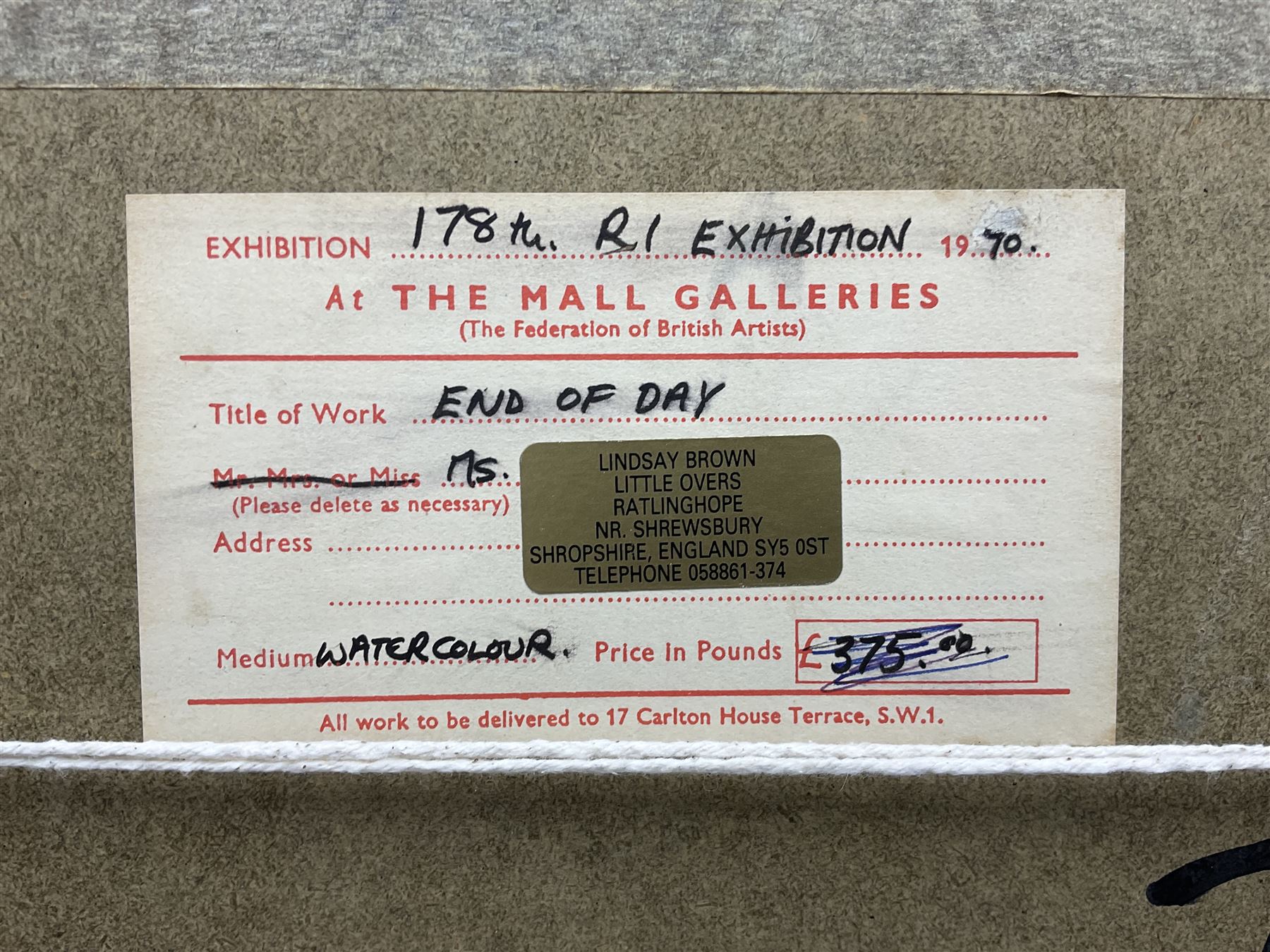 Lindsay Brown (British 20th century): 'End of the Day', watercolour signed, titled on exhibition label verso 15cm x 15cm 
Provenance: exh. Royal Institute of Painters in Water Colours, Mall Galleries, London 1970, label verso