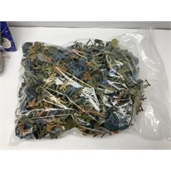 Ten 1980s Action Man Action Force figures with six original card backs; over three-hundred and forty Airfix large scale plastic soldiers; over two-hundred and thirty small scale plastic soldiers; together with accessories including boats, ladder etc