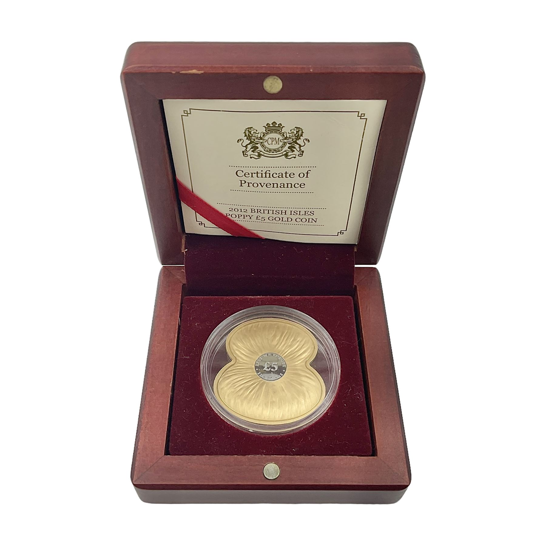 Queen Elizabeth II Bailiwick of Jersey 2012 'British Isles Poppy' gold proof five pound coin, 28 grams of 22 carat gold, cased with CPM certificate