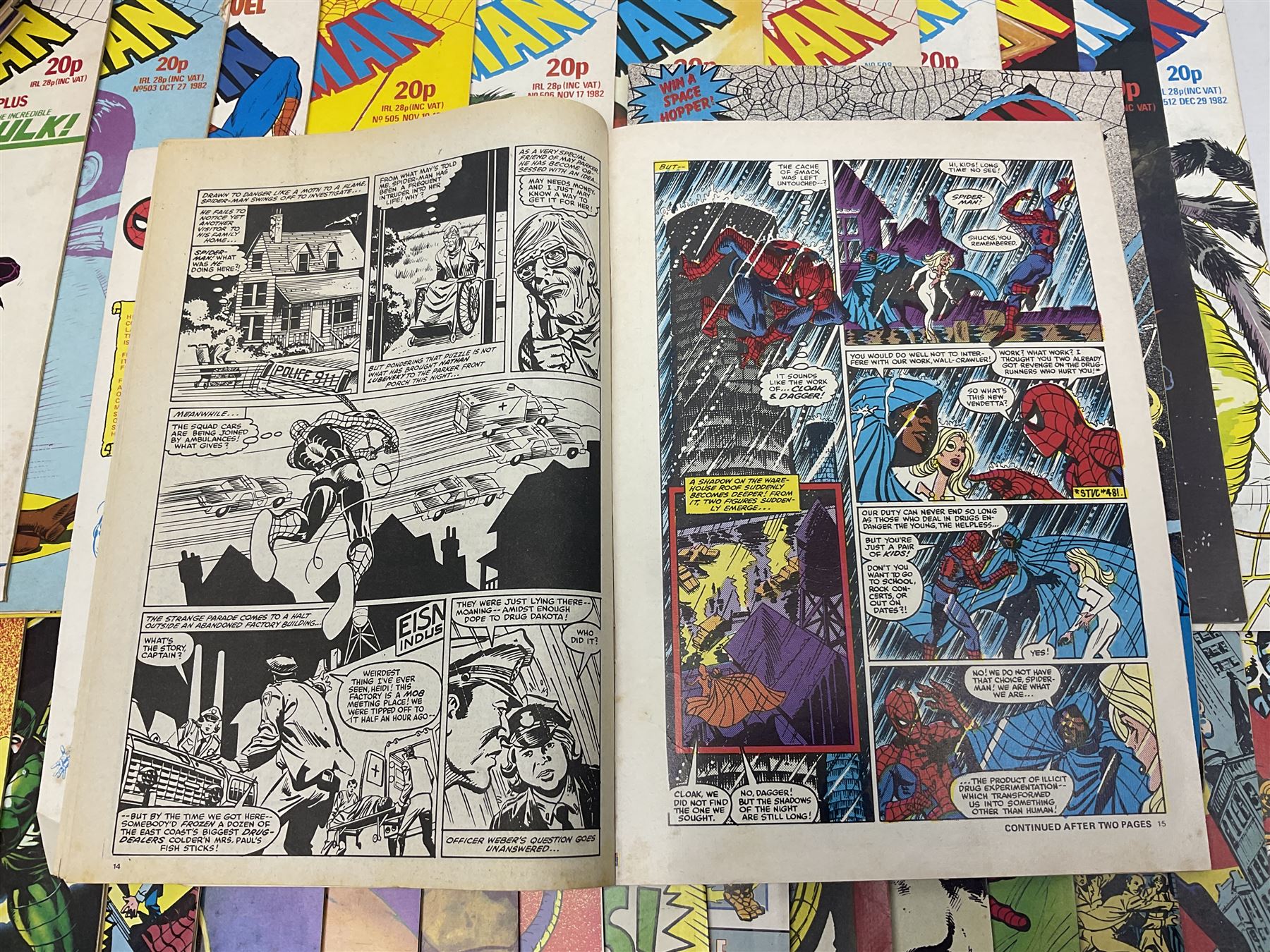 Spider-Man comics (1982-1985) nos 500-527, 529-535, 537-552, 579-602, 604-614, 620-626, and 628-631 (97)