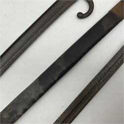 WWI Remington Pattern 1913 bayonet, the 43cm fullered blade with various marks to the ricasso including date code 11 16; in leather covered scabbard with various stamps including JWB 17 L58cm overall; and a French Model 1866 sabre bayonet (no scabbard)