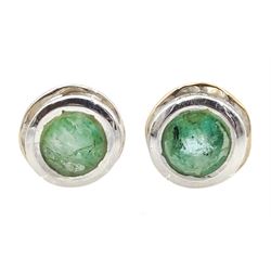 Pair of silver and 14ct gold wire circular emerald stud earrings, stamped 925 