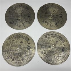 Late 19th century Symphonion disc musical box for spares or repair, inlaid walnut case with front lever action, playing 25.5cm discs on a 10.5cm steel comb with forty-nine teeth, musical scene of cherubs under the lid, L33cm; together with twelve 25.5cm discs