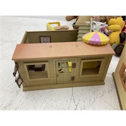 Quantity of stuffed toys and dolls to include Teddy Ruxpin, Cabbage Patch, Troll doll, and a quantity of plastic toys including Sylvanian Families Country School etc, in two boxes