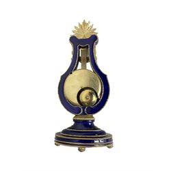 20th century V&A Marie Antionette lyre clock - Blue porcelain with gilt mounts on a  oval stepped base, dial with roman numerals and gilt hands, continental twin train spring driven movement sounding the hours and half hours on two bells. With key.