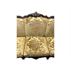 Victorian design stained wood three seater settee, top rail carved and scrolled, padded back and arms, scrolled cabriole feet 