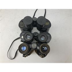 Nine cased pairs of binoculars to include Lieberman & Gortz 12x50, Frank Nipole 8x56, Uniscope, Hoya mark II 8x40, Porst 8x56 etc