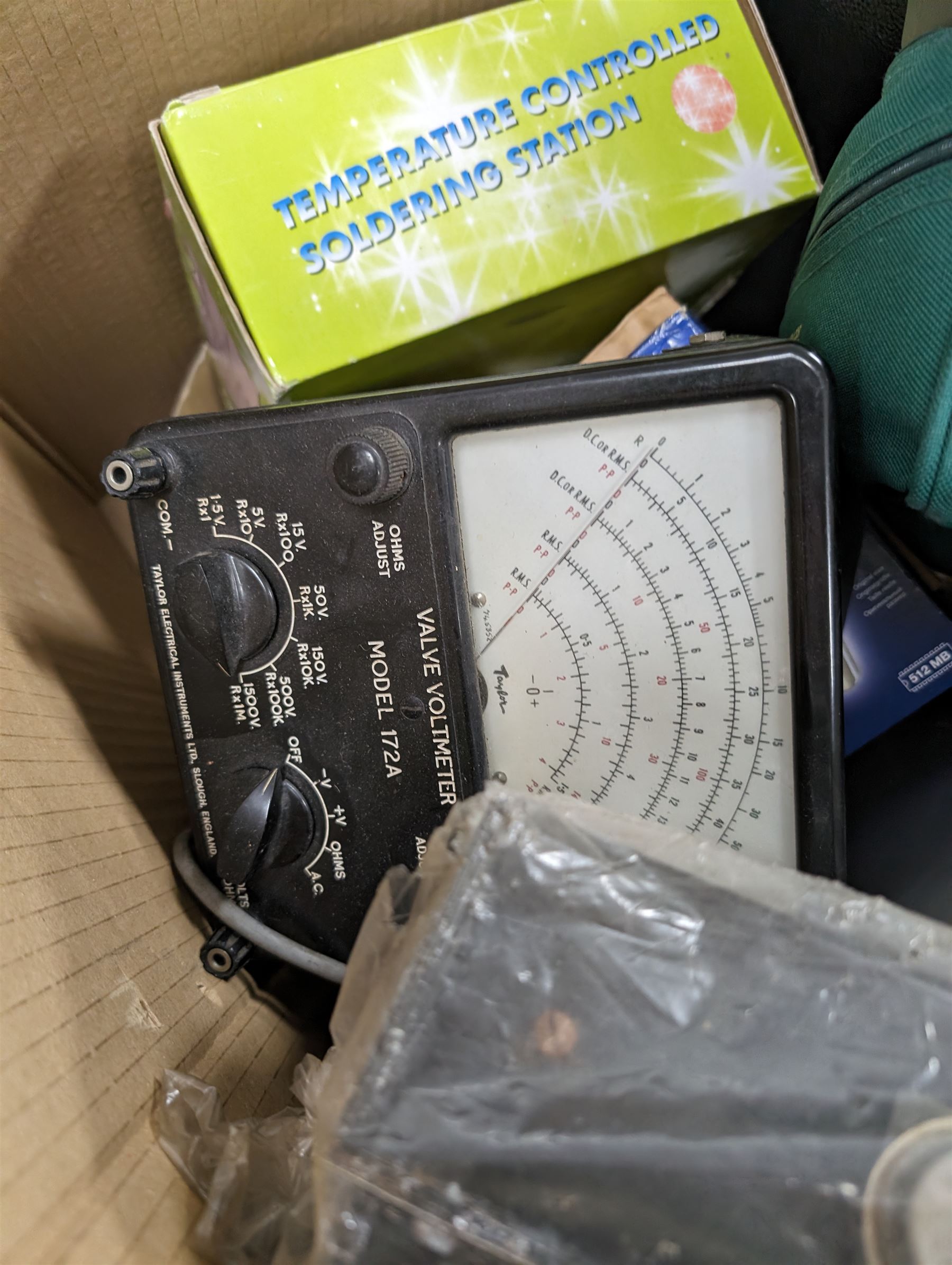 Electrical testing equipment, including Taylor valve voltmeter and a Maplin tester, together with a Union Brothers soldering station etc