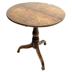 Early 20th century oak tripod wine table, turned column on shaped supports 
