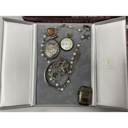Victorian and later silver jewellery including engraved oval locket pendant, bangle, fob watch, vesta case, faux pearl necklace, butterfly wing pendant etc, a collection of costume jewellery including beaded necklaces, brooches, earrings, ladies wristwatches and a small collection of coins including two pre 1947 half crowns 