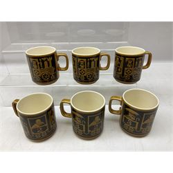 Collection of 1970s Hornsea mugs designed by John Clappison, comprising six Train Robber pattern examples together with owl patterned example on dark teal ground, and further example decorated with stylised hen and chick and egg, approx 9cm, together with four small cup bowls, all with stamped Hornsea marks beneath