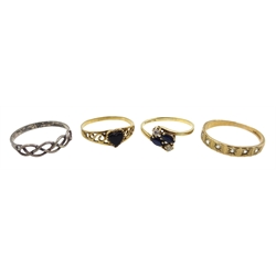  9ct gold diamond and sapphire gold ring, onyx heart ring and a stone set half eternity ring , diamond and onyx gold pendant necklace and an evil eye pendant stamped 585 on 9ct gold necklace all hallmarked and silver jewellery stamped 925  