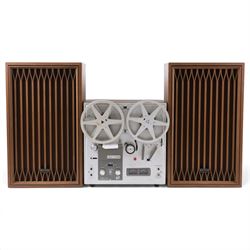Akai 1710W reel to reel tape deck, with a pair of Kenwood KL-3030D speakers