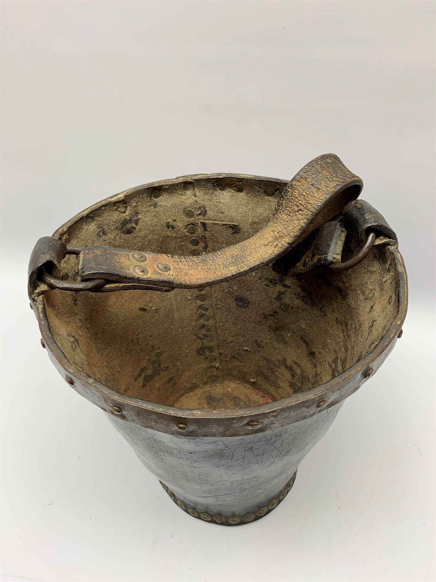 Victorian leather fire bucket with riveted detail and leather carry handle, not including handle H29cm D27.5cm