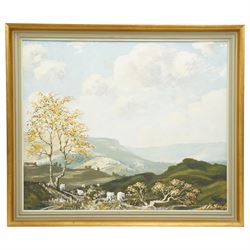 John H Capstick (British 20th century): 'A Dales Landscape' 'Summer Wolds' and 'Autumnal Wolds', set of three oils on board signed, artists label verso max 50cm x 75cm (3)