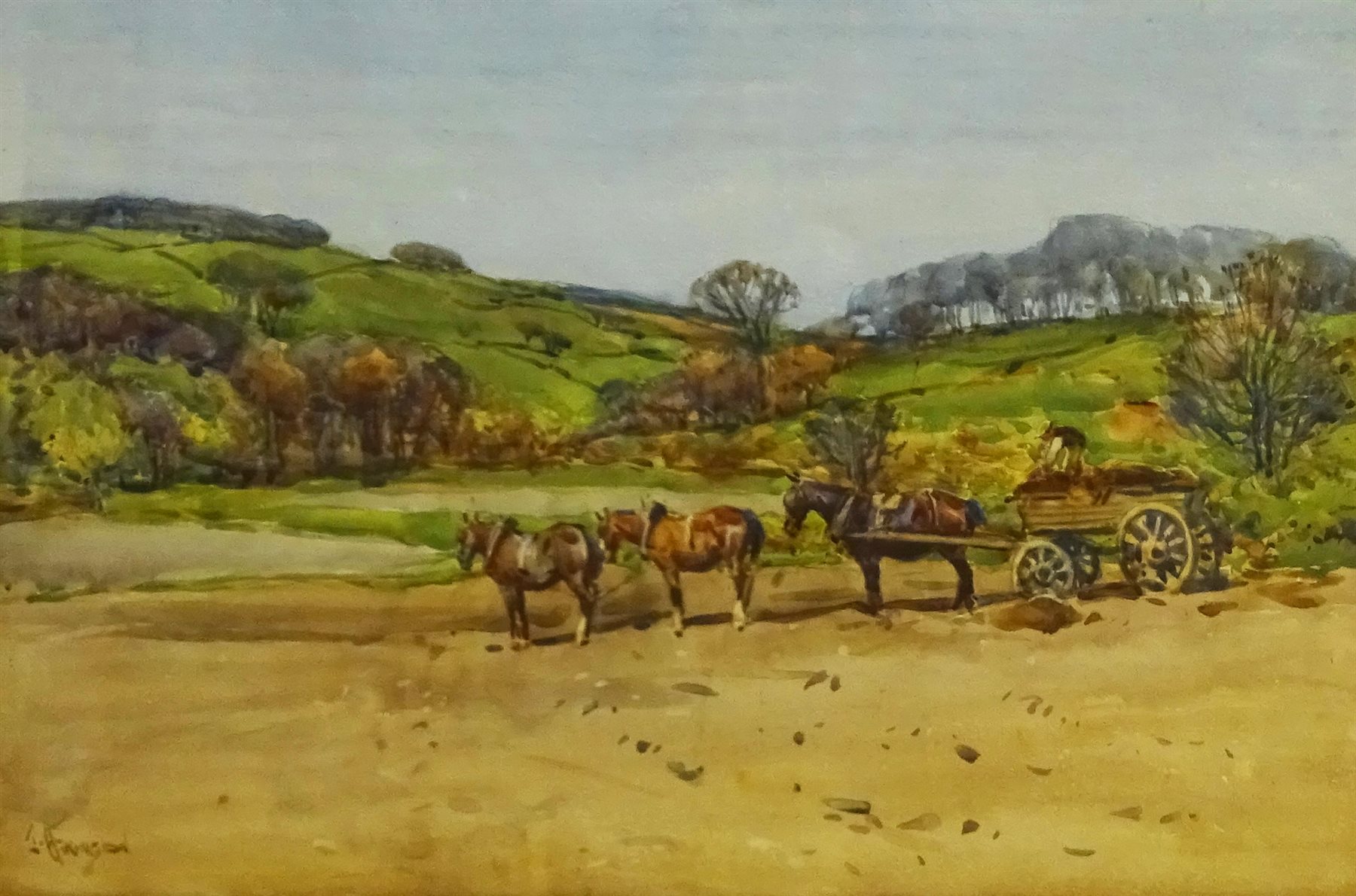 John Atkinson (Staithes Group 1863-1924): Yorkshire Landscape with Working Horses, watercolour signed, inscribed verso 32cm x 49cm