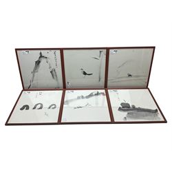 Set of six Japanese landscape prints in matching black and red frames 37cm x 37cm (6)