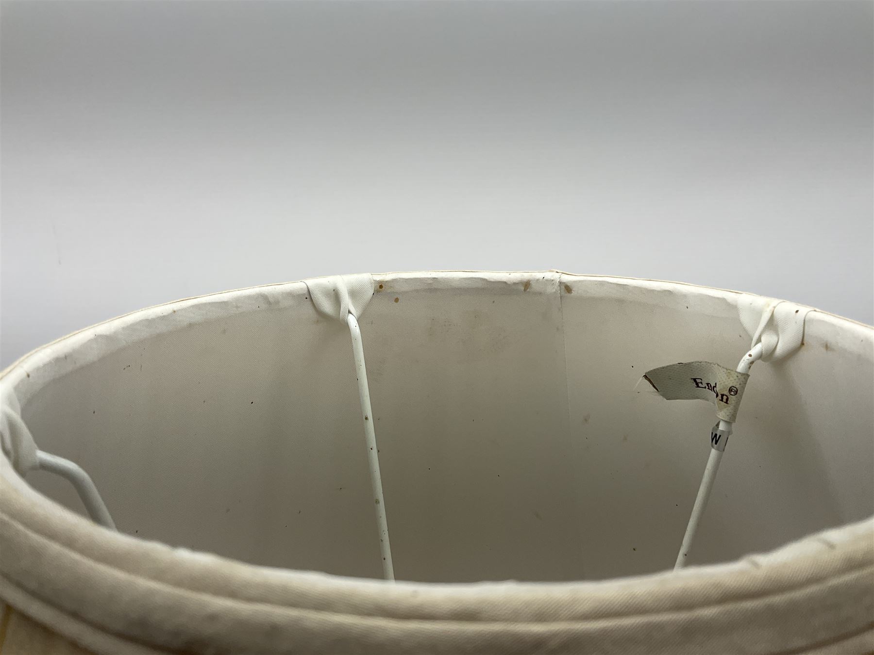 Table lamp of baluster form, decorated in the Oriental style with phoenix and dragon amidst blossoming flowers, with plated cream fabric shade, lamp base not including fixtures H35cm