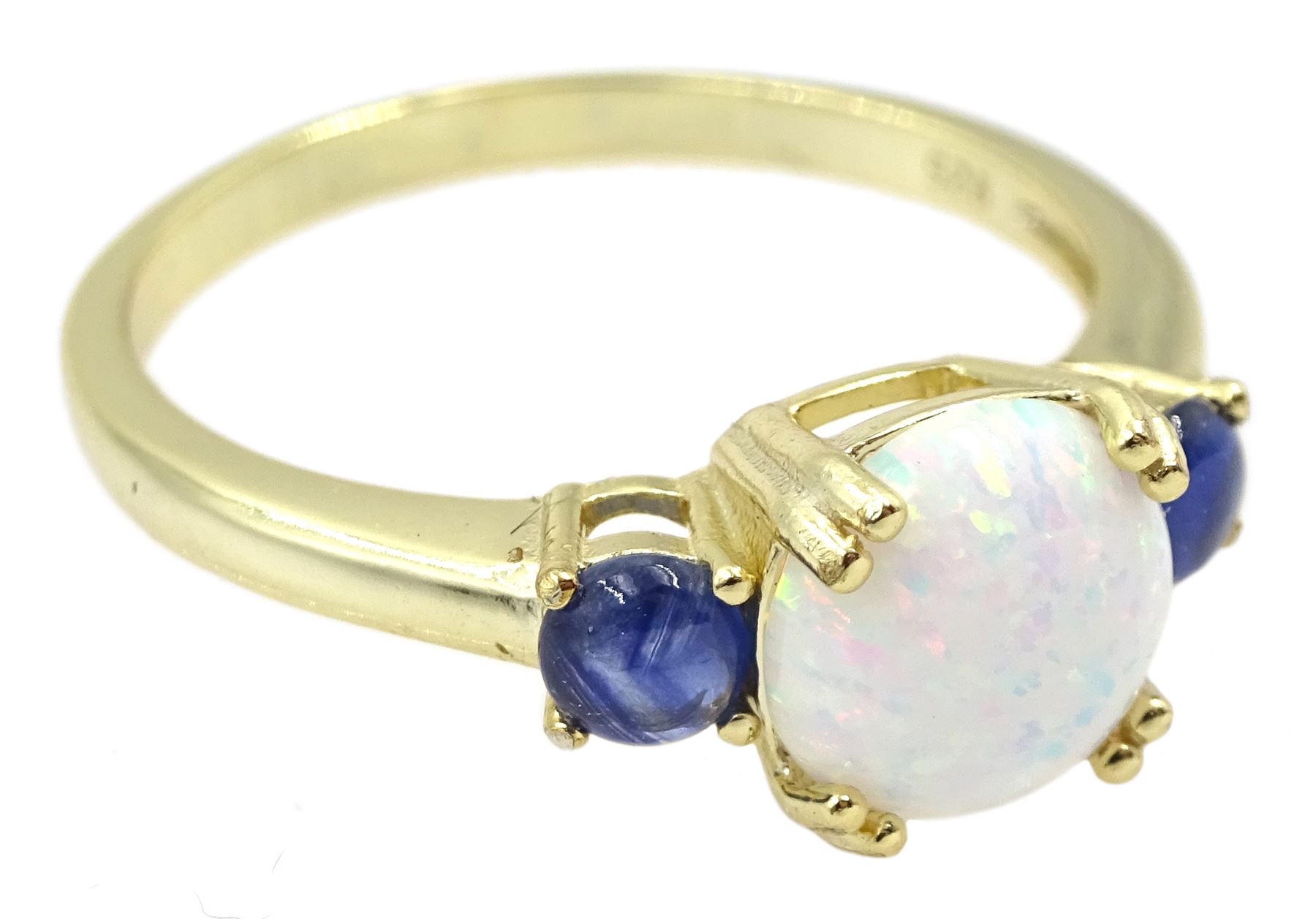 Silver-gilt three stone opal and sapphire ring, stamped 925