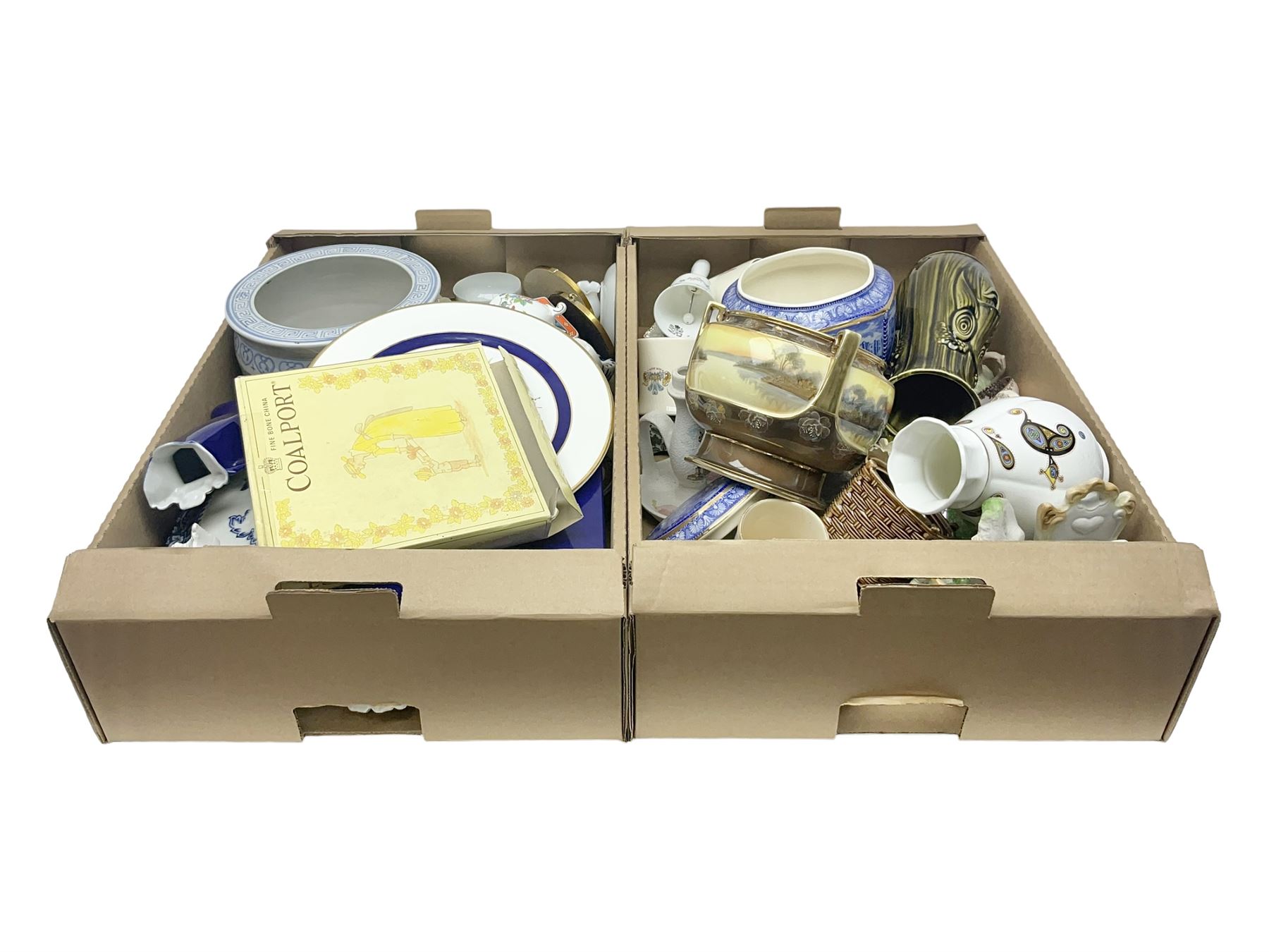 Sadler Celery face pot, Noritake planter, Ringtons blue and white jar, Royal commemorative ware, and a collection of other ceramics, in two boxes 