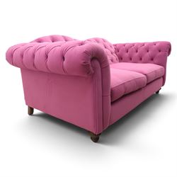 Joules - Windsor Chesterfield three seater sofa in pink velvet, shaped back with deep buttoned sides, loose seat cushion raised on turned and shaped supports